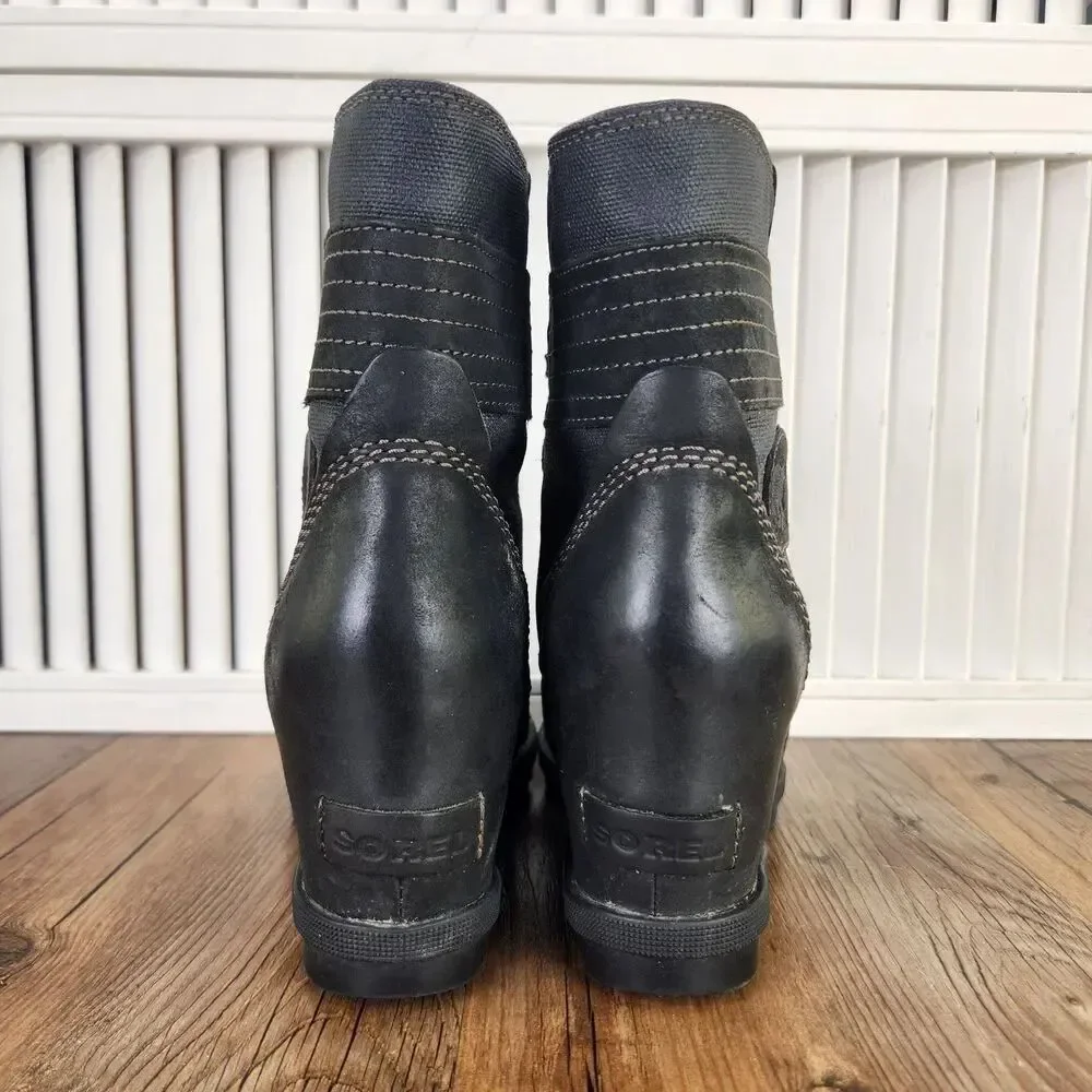 Sorel Lexie Boots Womens Sz 8 Black Leather Hidden Wedge Heel Lug Ankle Booties
